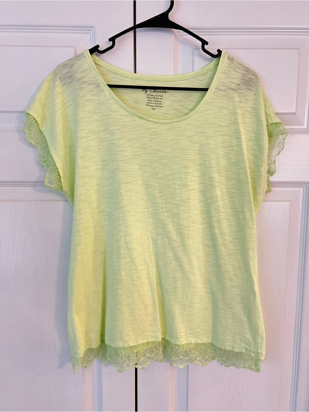 Chico’s Women’s Green Lace Trim Scoop Neck Cotton Tunic Blouse Shirt Size 1